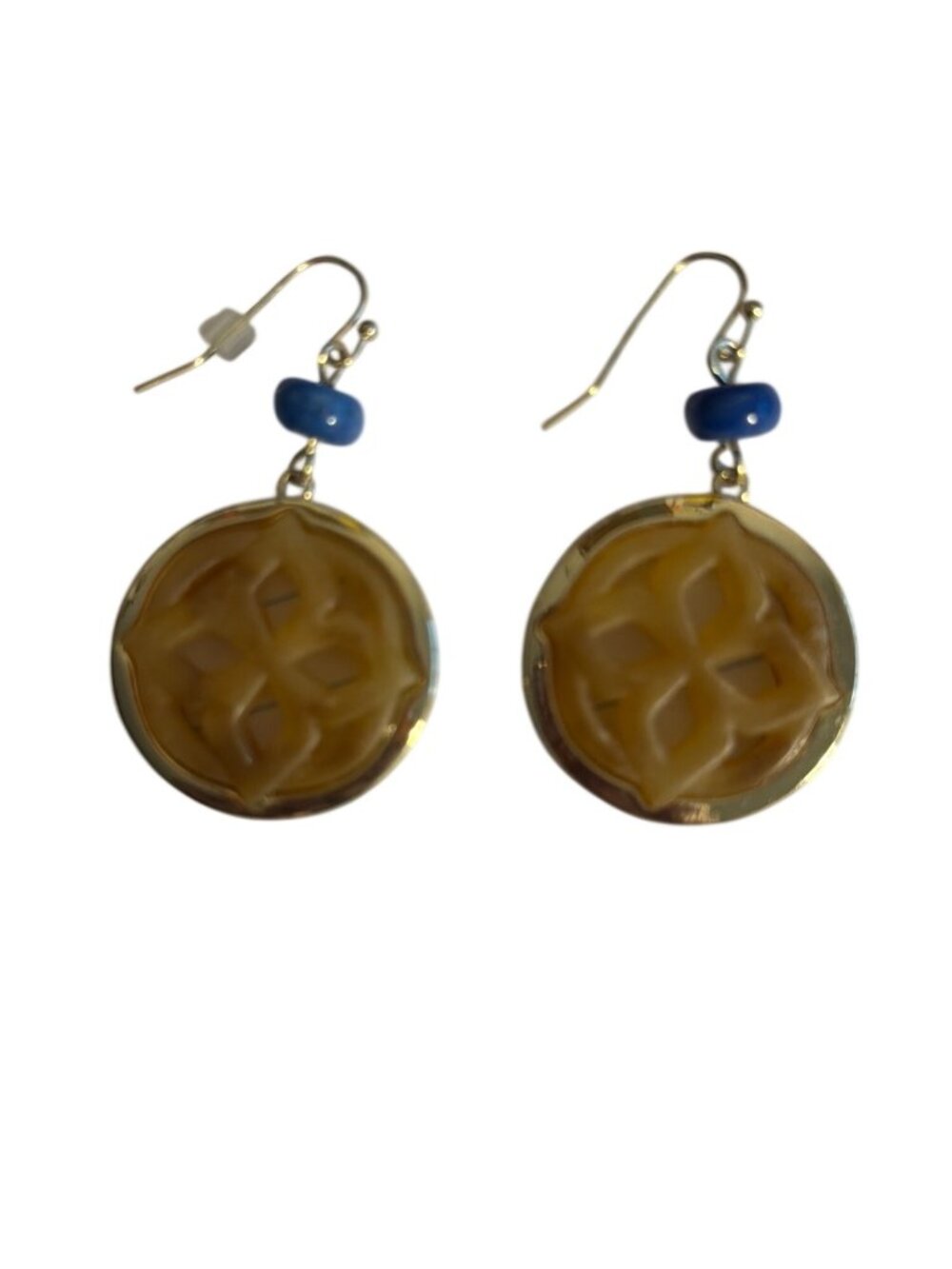 Chicos Gold Tone Dangling Earrings Cutout Center Blue Bead Hook Acrylic 2"